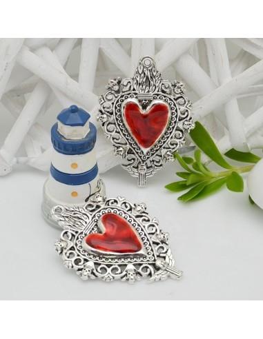 Ciondolo cuore sacro smaltato rosso base argento con fori 29x41mm 1pz GDO