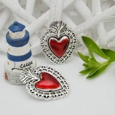 Ciondolo cuore sacro smaltato rosso base argento con fori 22x29mm 1pz Gioie d'Oriente
