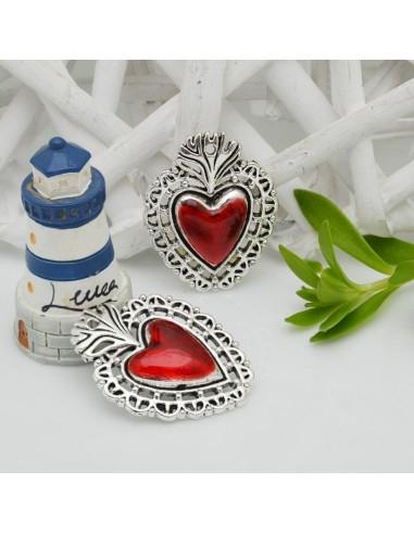 Ciondolo cuore sacro smaltato rosso base argento con fori 22x29mm 1pz