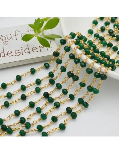 Catena rosario rondelle di agata verde scuro sfaccettata 4mm con filo in ottone oro 50 cm | GDO