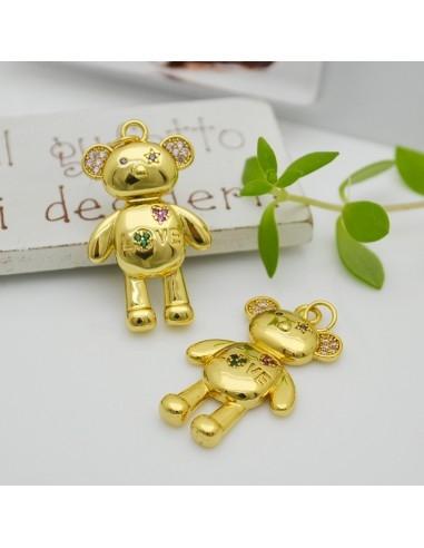 Ciondolo Orsetto in ottone colore oro con zirconi colorati 18x31mm 1pz | GDO