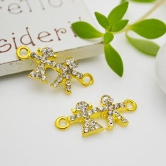 Connettore bambino e bambina in zama oro con fiori e strass 11x26 mm 1pz Gioie d'Oriente
