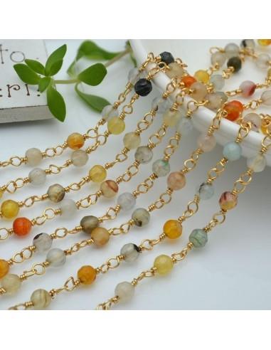 Catena rosario agata di fuoco sfaccettata colore mix 4mm concatenata con filo in ottone oro 50cm | GDO
