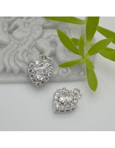 Ciondolo cuore in ottone argento con strass bianco 13x9mm 1pz Gioie d'Oriente