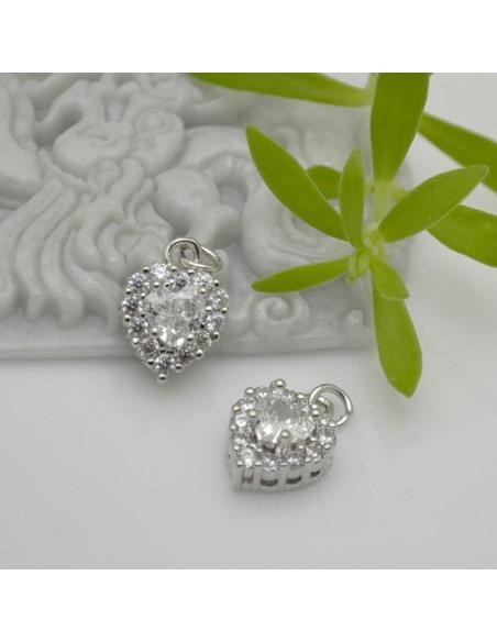Ciondolo cuore in ottone argento con strass bianco 13x9mm 1pz Gioie d'Oriente