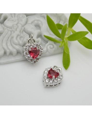 Ciondolo cuore in ottone argento con strass fucsia 13x9mm 1pz Gioie d'Oriente