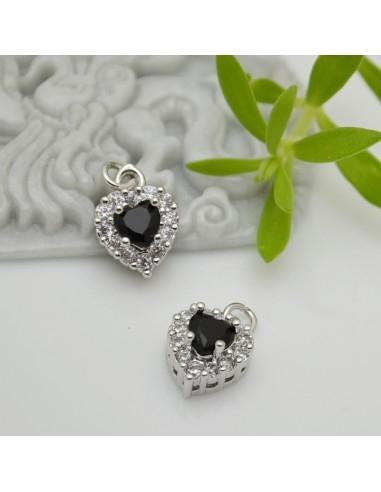 Ciondolo cuore in ottone argento con strass nero 13x9mm 1pz Gioie d'Oriente