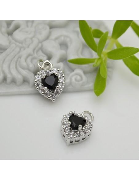 Ciondolo cuore in ottone argento con strass nero 13x9mm 1pz Gioie d'Oriente
