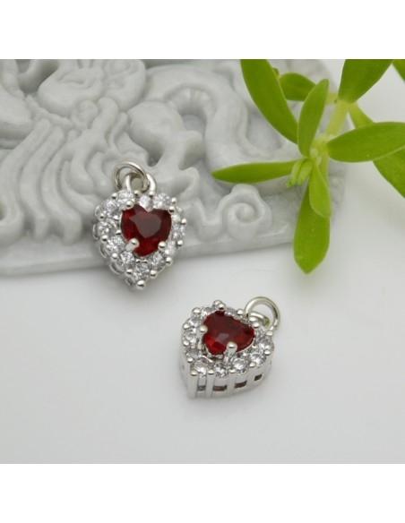 Ciondolo cuore in ottone argento con strass rosso 13x9mm 1pz Gioie d'Oriente