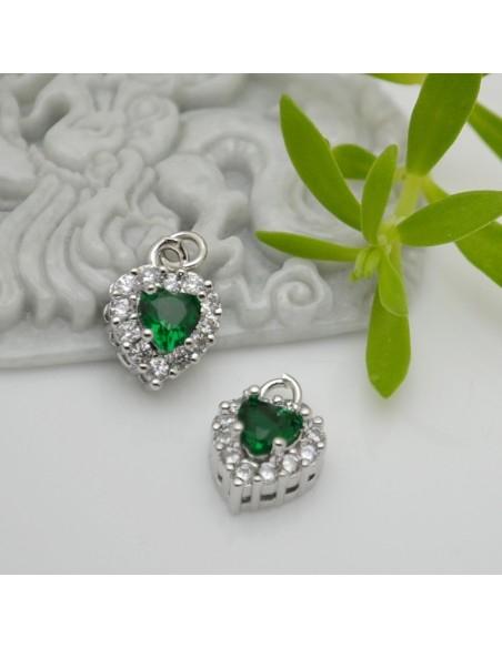 Ciondolo cuore in ottone argento con strass verde 13x9mm 1pz Gioie d'Oriente