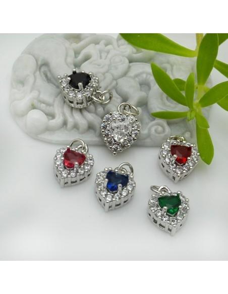 Ciondolo cuore in ottone argento con strass vari colori 13x9mm 1pz Gioie d'Oriente