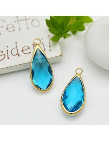 Charm di Cristallo a Forma di Goccia colore Azzurro Acquamarina con Base Oro 10.5x25mm 1pz | GDO
