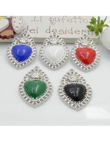 Ciondolo Cuore Sacro con fori in Zama base argento smaltato 33x21mm 1pz|GDO