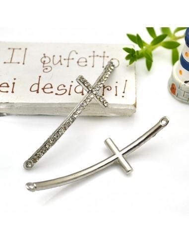 Connettore curvo a croce con strass argento rodio 15 x 55 mm 1pz Gioie d'Oriente