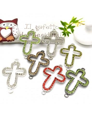 Connettore croce con strass in metallo 27 x 42 mm 1pz colori vari Gioie d'Oriente