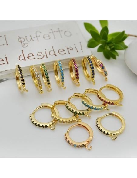Orecchini cerchietti tondi in ottone oro chiaro con zirconi colorati 14mm 1 paio | GDO