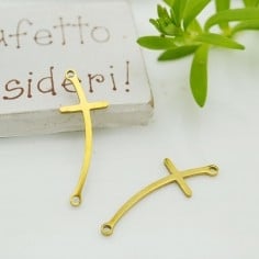 Connettore croce curva in acciaio oro 28 x 10 mm 1pz Gioie d'Oriente