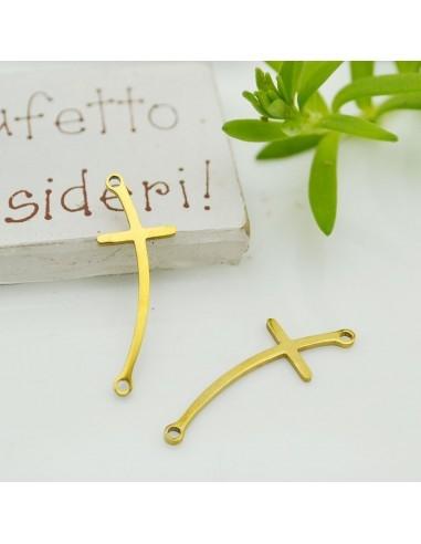 Connettore croce curva in acciaio oro 28 x 10 mm 1pz Gioie d'Oriente