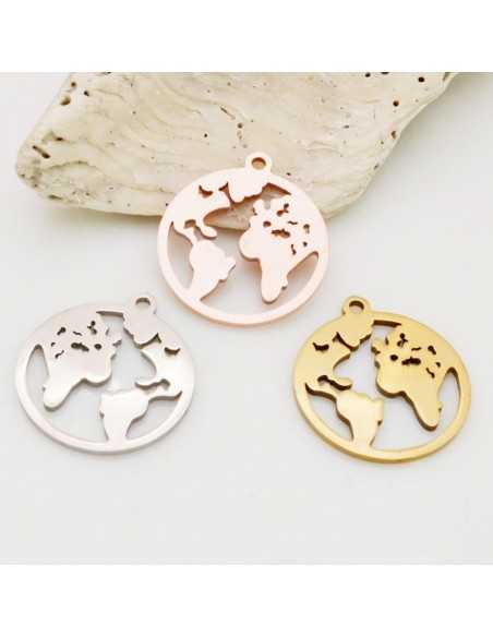 Ciondolo pianeta Terra piatto in acciaio 18x20 mm 1pz colori vari Gioie d'Oriente