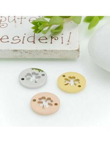 Ciondolo connettore medaglia con quadrifoglio vuoto in acciaio 12 mm 1 pz|GDO