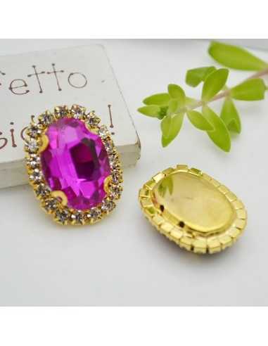 Cristallo in vetro colore Fucsia incastonato con base oro con strass 18x22mm 1pz | GDO