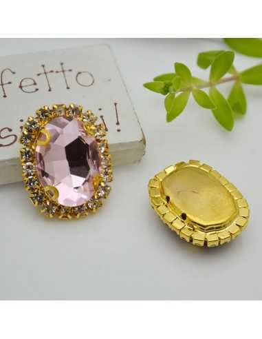 Cristallo in vetro colore Rosa incastonato con base oro con strass 18x22mm 1pz | GDO