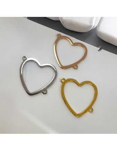 Ciondolo connettore in Acciaio cuore vuoto lucido 29x35mm argento, oro, oro rosa|GDO