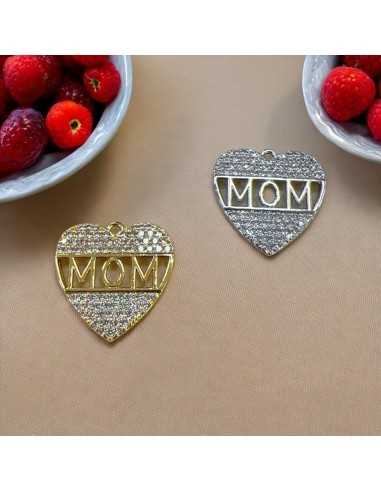 Ciondolo cuore MOM in ottone con zirconi 19mm 1pz Gioie d'Oriente