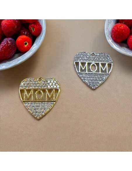 Ciondolo cuore MOM in ottone con zirconi 19mm 1pz Gioie d'Oriente