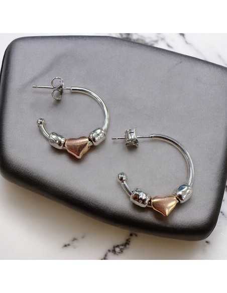 Coppia Orecchini Cerchio in Argento 925 con Pepite Martellate e Distanziatore Cuore | GDO