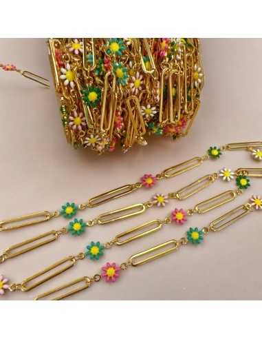 Catena Rettangolare Piatta con Margherite Smaltate 7mm - Acciaio Oro 50cm | GDO