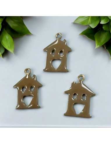 Ciondolo a forma di Casa in ottone smaltato beige scuro 11.5x15mm 1pz | GDO