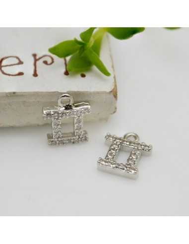Ciondolo zodiaco gemelli in ottone argento con strass 8mm 1pz Gioie d'Oriente