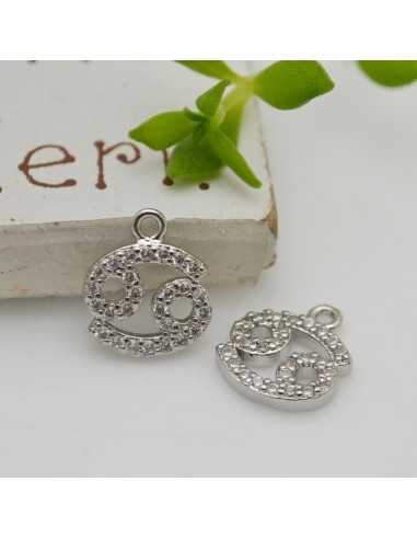 Ciondolo zodiaco cancro in ottone argento con strass 8mm 1pz Gioie d'Oriente