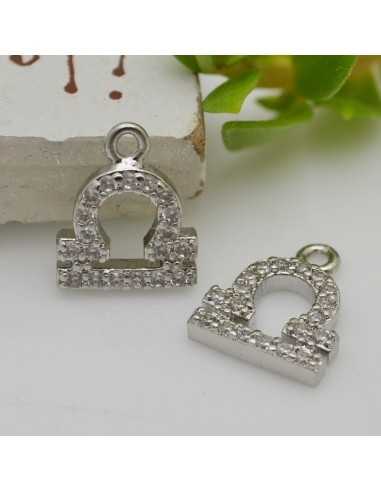 Ciondolo zodiaco bilancia in ottone argento con strass 8mm 1pz Gioie d'Oriente