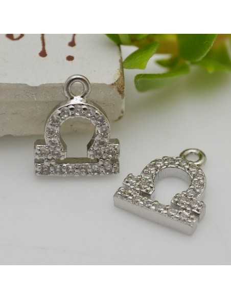 Ciondolo zodiaco bilancia in ottone argento con strass 8mm 1pz Gioie d'Oriente