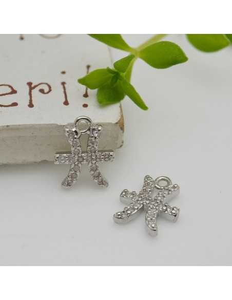 Ciondolo zodiaco pesci in ottone argento con strass 8mm 1pz Gioie d'Oriente