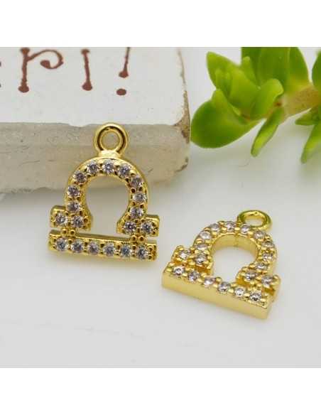 Ciondolo zodiaco bilancia in ottone oro con strass 8mm 1pz Gioie d'Oriente
