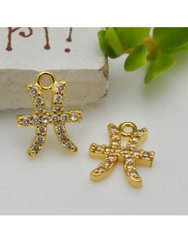 Ciondolo zodiaco pesci in ottone oro con strass 8mm 1pz Gioie d'Oriente