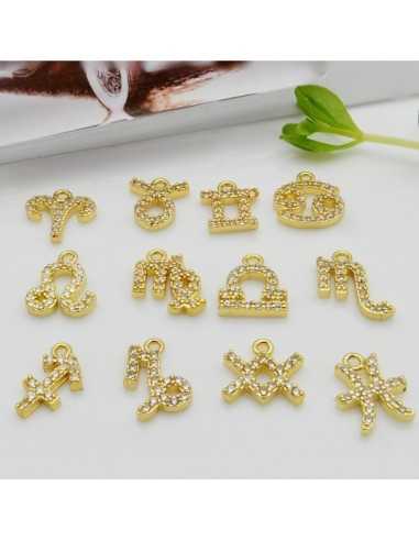 Ciondolo zodiaco in ottone colore oro con strass 8mm 1pz | GDO
