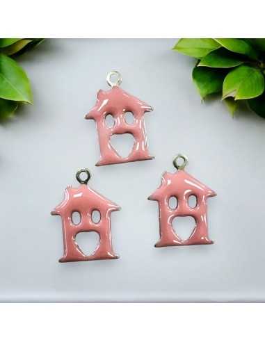 Ciondolo a forma di Casa in ottone smaltato rosa 11.5x15mm 1pz | GDO