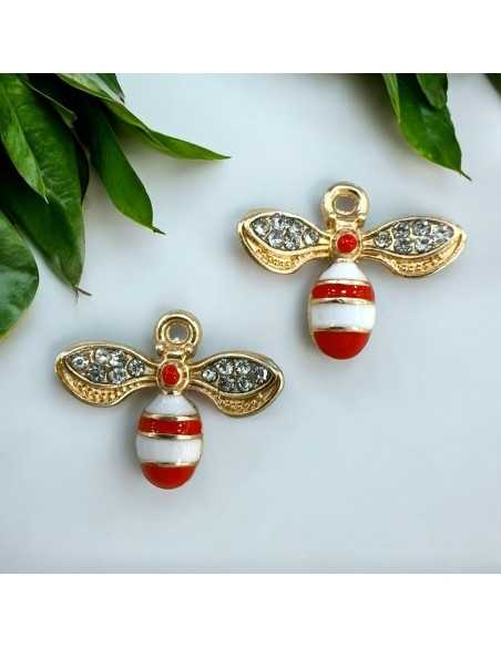Ciondolo ape smaltata rossa in ottone oro con strass 14x17mm 1pz Gioie d'Oriente