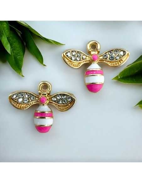 Ciondolo ape smaltata fucsia in ottone oro con strass 14x17mm 1pz Gioie d'Oriente