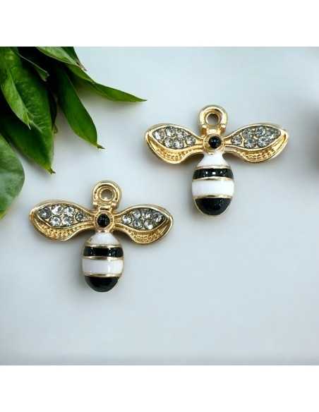 Ciondolo ape smaltata bianca in ottone oro con strass 14x17mm 1pz Gioie d'Oriente