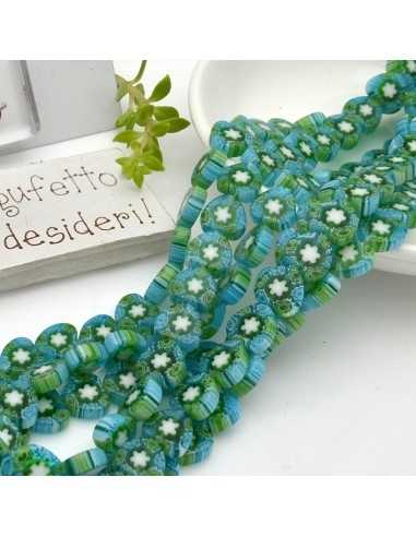Filo di Perle a Cuore in Vetro di Murano Verde e Azzurro con Fiori piccoli 10mm 41cm | GDO