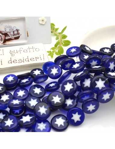Filo di Perle rotonde piatte con stelle in Vetro di Murano blu 14mm 41cm | GDO