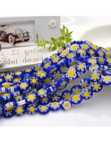 Filo di Perle Ovali con Fiori in Vetro di Murano sfumato bianco e blu 8x10mm 40cm | GDO