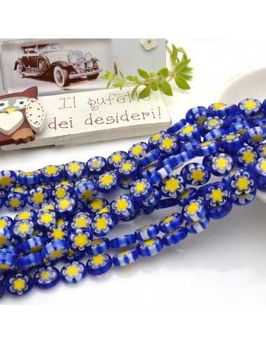 Filo di Perle Ovali con Fiori colorati in Vetro di Murano blu 8x10mm 40cm | GDO
