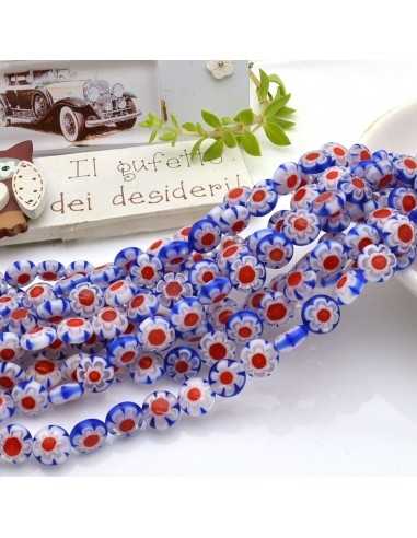 Filo di Perle tonde Bianche con Fiori rossi e blu in Vetro di Murano 8mm 38cm | GDO