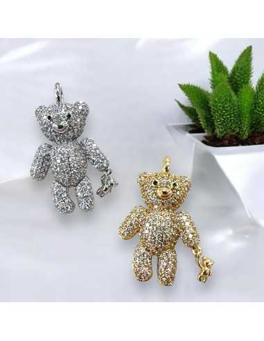 Ciondolo orsetto con baby in ottone dorato o argentato con strass 30x19mm 1pz